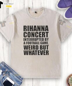 Rihanna concert scene interrupted by a football game, featuring fans in washed t-shirts, capturing a unique moment.