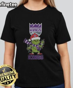 Original Sacramento Kings Christmas Grinch Santa Hat Holiday 2025 Ladies Tee, perfect for festive basketball fans.