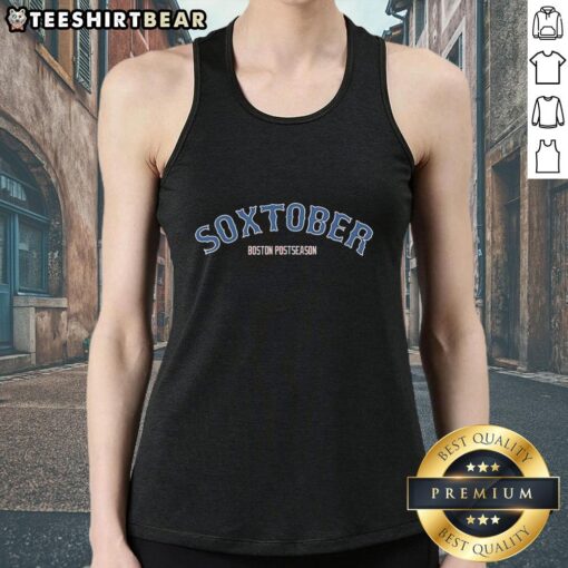 Alt Text: Original Soxtober Boston Red Sox postseason tank top featuring team colors and logo, perfect for fans celebrating playoffs.