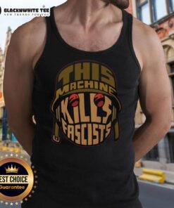 Original 'This Machine Kills Fascists' tank top design featuring bold text, symbolizing resistance and strength.