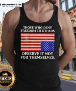 USA flag tank top featuring the quote 'Those Who Deny Freedom to Others Deserve It Not for Themselves' in bold lettering.