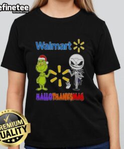 Alt Text: Original Walmart X Grinch and Jack Skellington Friends Fist Bump Happy Hallothanksmas Ladies Tee design