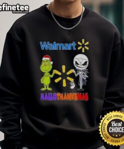 Alt Text: Original Walmart X Grinch and Jack Skellington fist bump on a Hallothanksmas sweatshirt, celebrating the festive season.