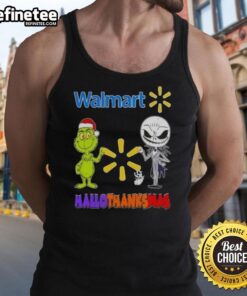 Original Walmart X Grinch and Jack Skellington Friends Fist Bump Happy Hallothanksmas Tank Top design featuring festive characters.