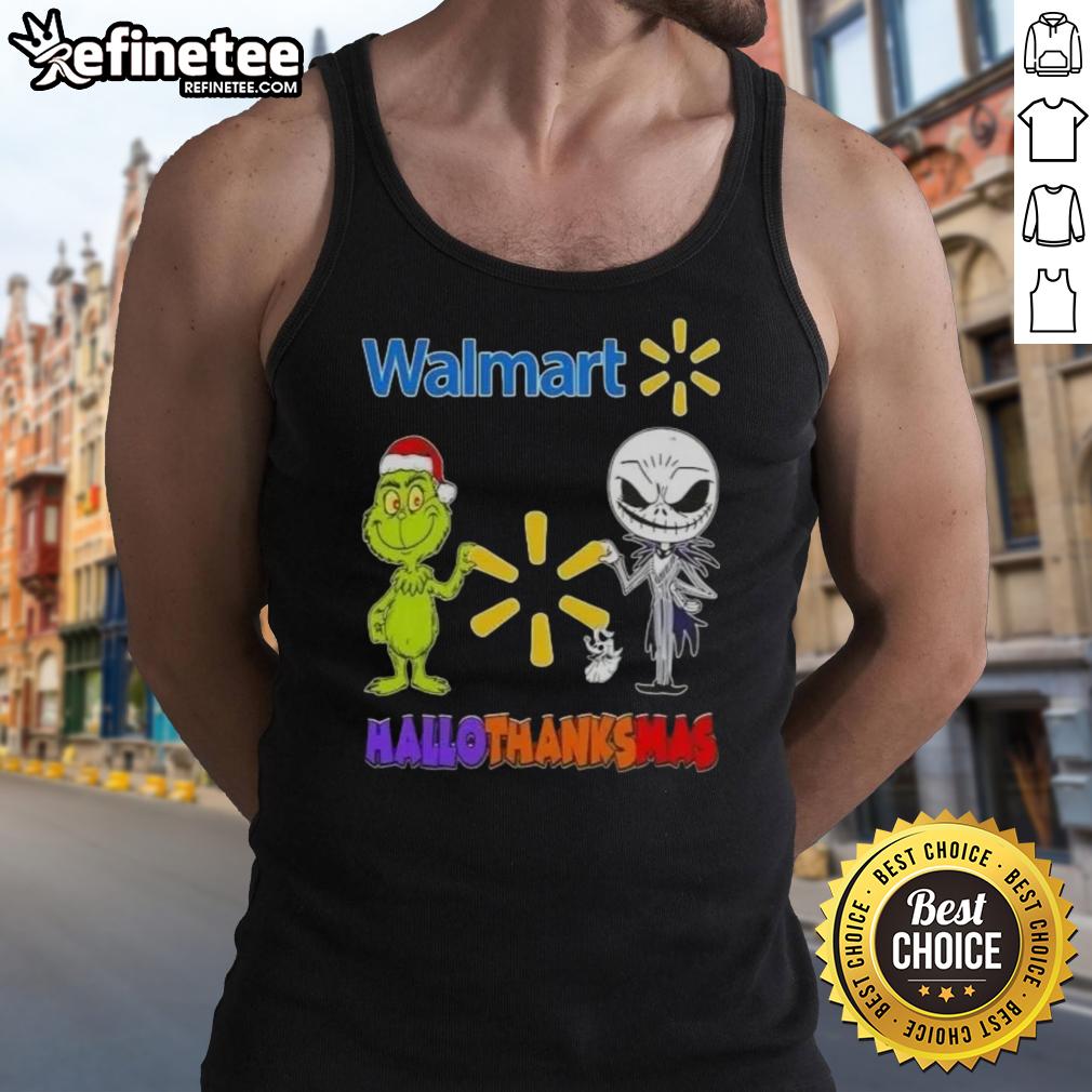 original-walmart-x-grinch-and-jack-skellington-friends-fist-bump-happy-hallothanksmas-tank-top Original Walmart X Grinch and Jack Skellington Friends Fist Bump Happy Hallothanksmas Tank Top design featuring festive characters.