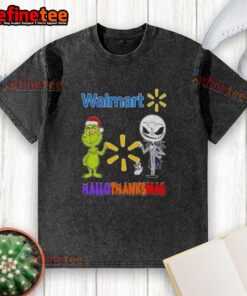 Alt Text: Original Walmart X Grinch and Jack Skellington fist bump on a Happy Hallothanksmas washed t-shirt design.