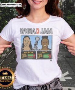 Original WNBA Jam Aces 2025 Champs tee featuring Wilson and Loyd, perfect for fans of women's basketball apparel.