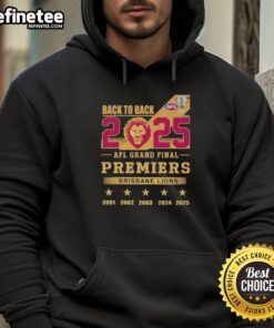 Brisbane Lions hoodie celebrating back-to-back AFL Grand Final premiers 2025, featuring premium quality design.