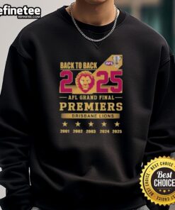 Brisbane Lions back-to-back premiers sweatshirt for the 2025 AFL Grand Final, showcasing team pride and premium quality.