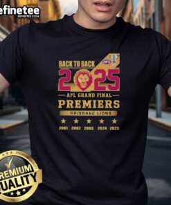 Premium 2025 AFL Grand Final Premiers Back To Back Brisbane Lions T-Shirt featuring team colors and logo design.
