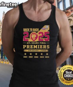 Alt Text: Brisbane Lions tank top celebrating the Premium 2025 AFL Grand Final premiers, showcasing back-to-back championship pride.