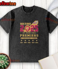 Brisbane Lions back-to-back premiers washed t-shirt for the 2025 AFL Grand Final, showcasing team pride and style.