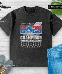 Alt Text: Premium 2025 Los Angeles Dodgers National League Champions T-Shirt in washed style, celebrating back-to-back victories.