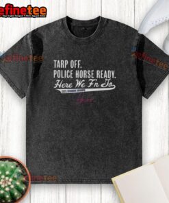 Alt Text: Premium 2025 Division Champs Toronto Blue Jays George Springer wearing Tarp Off shirt with police horse in background.