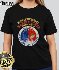 Premium 250th Anniversary Marine Corps Semper Fidelis U.S.M.C. Dodgers baseball skyline ladies tee shirt design.