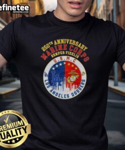 Premium 250th Anniversary Marine Corps Semper Fidelis U.S.M.C Dodgers Baseball T-Shirt featuring Los Angeles skyline.