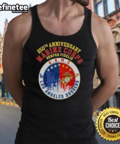 Alt Text: Premium 250th Anniversary Marine Corps Semper Fidelis U.S.M.C. tank top featuring Los Angeles Dodgers baseball skyline design.