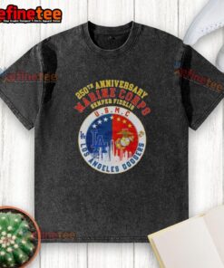 Alt Text: Premium 250th Anniversary U.S. Marine Corps Semper Fidelis t-shirt featuring Los Angeles Dodgers baseball skyline design.