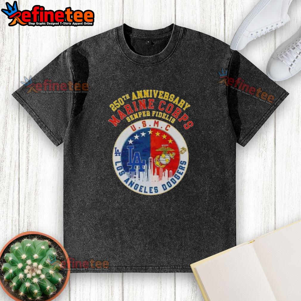 premium-250th-anniversary-marine-corps-semper-fidelis-u-s-m-c-los-angeles-dodgers-baseball-skyline-washed-t-shirt Alt Text: Premium 250th Anniversary U.S. Marine Corps Semper Fidelis t-shirt featuring Los Angeles Dodgers baseball skyline design.