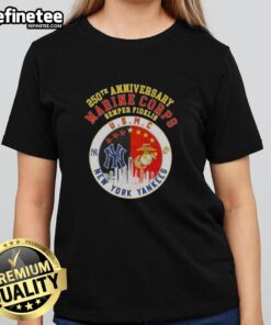 Premium 250th Anniversary Marine Corps Semper Fidelis U.S.M.C. New York Yankees Skyline Ladies Tee shirt design.