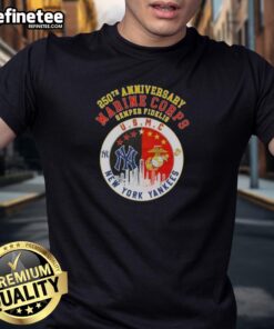 Premium 250th Anniversary Marine Corps Semper Fidelis U.S.M.C New York Yankees baseball skyline T-shirt design.