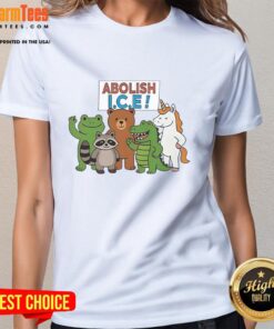 Premium Abolish Ice Frog Unicorn Raccoon Bear Dinosaur Protest Ladies Tee featuring colorful animal designs for activism.