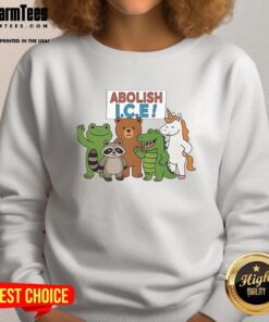 Premium Abolish Ice Protest Sweatshirt featuring a frog, unicorn, raccoon, bear, and dinosaur in a colorful design.