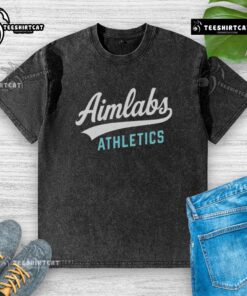 Premium Aimlabs Athletics logo on a washed t-shirt, showcasing a stylish and casual design for gamers and athletes.