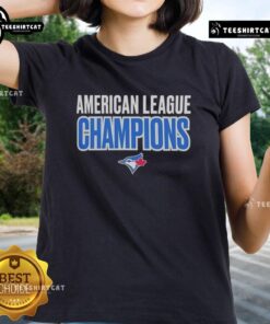 Alt Text: Premium American League Champions Toronto Blue Jays 2025 logo on a stylish ladies tee shirt design.