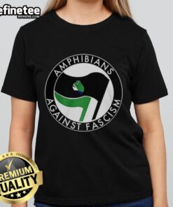 Premium Amphibians Against Fascism Frog Flag Ladies Tee showcasing a vibrant frog graphic on a stylish shirt.