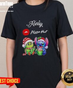 Premium Baby Grinch and Stitch X Pizza Hut Merry Christmas Ladies Tee featuring festive designs for holiday cheer.