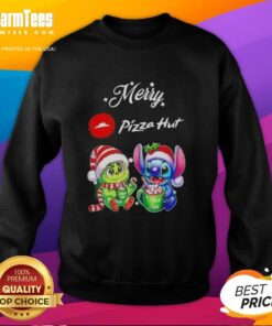 Alt Text: Premium Baby Grinch and Stitch X Pizza Hut Merry Christmas sweatshirt featuring colorful holiday designs.