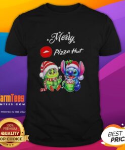 Alt Text: Premium Baby Grinch and Stitch X Pizza Hut Merry Christmas T-Shirt featuring festive designs and vibrant colors.