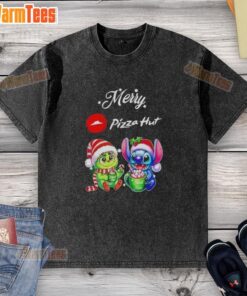 Premium Baby Grinch and Stitch X Pizza Hut Merry Christmas washed t-shirt featuring vibrant holiday designs.