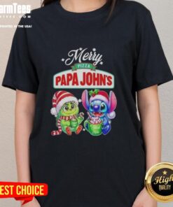 Premium Baby Grinch and Stitch X Pizza Papa John's Merry Christmas ladies tee featuring vibrant holiday graphics.