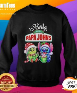 Premium Baby Grinch and Stitch X Pizza Papa John's Merry Christmas Sweatshirt for festive holiday style.
