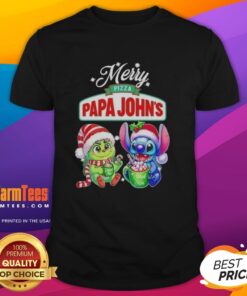 Premium Baby Grinch and Stitch X Pizza Papa John's Merry Christmas T-Shirt featuring festive design for the holiday season.