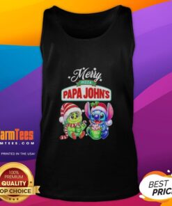 Premium Baby Grinch and Stitch X Pizza Papa John's Merry Christmas tank top featuring festive colorful graphics.