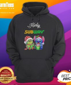 Alt Text: Premium Baby Grinch and Stitch X Subway Merry Christmas Hoodie featuring festive designs and vibrant colors.