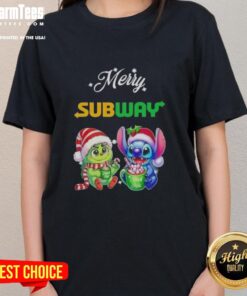 Premium Baby Grinch and Stitch X Subway Merry Christmas ladies tee featuring vibrant graphics and festive design.