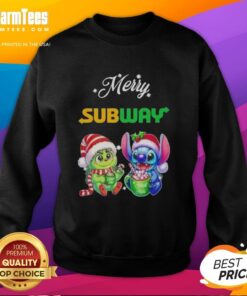 Alt Text: Premium Baby Grinch and Stitch X Subway Merry Christmas sweatshirt featuring festive designs and vibrant colors.