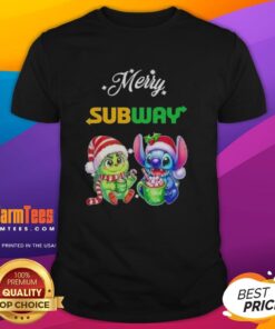 Alt Text: Premium Baby Grinch and Stitch X Subway Merry Christmas T-Shirt featuring festive designs for holiday cheer.