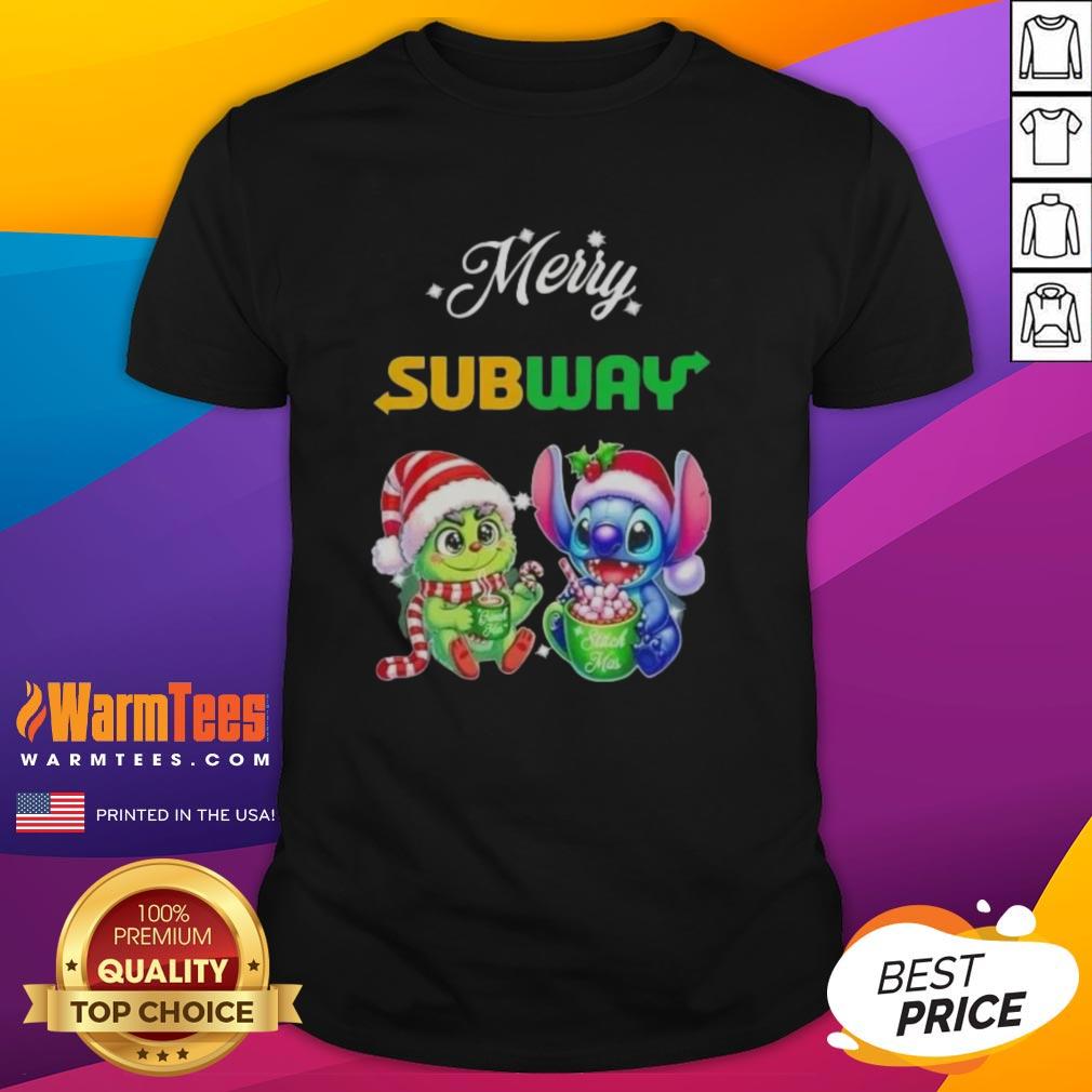 premium-baby-grinch-and-stitch-x-subway-merry-christmas-t-shirt Alt Text: Premium Baby Grinch and Stitch X Subway Merry Christmas T-Shirt featuring festive designs for holiday cheer.