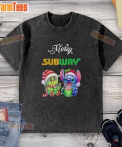 Premium Baby Grinch and Stitch X Subway Merry Christmas washed t-shirt featuring festive graphics and cozy design.