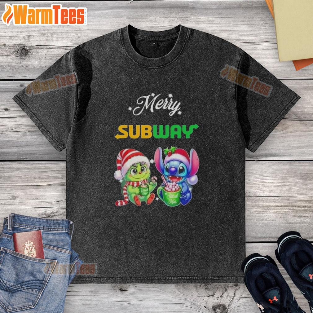 premium-baby-grinch-and-stitch-x-subway-merry-christmas-washed-t-shirt Premium Baby Grinch and Stitch X Subway Merry Christmas washed t-shirt featuring festive graphics and cozy design.