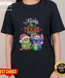 Premium Baby Grinch and Stitch X Texas Roadhouse Merry Christmas Ladies Tee featuring festive graphics and vibrant colors.