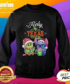 Alt Text: Premium Baby Grinch and Stitch X Texas Roadhouse Merry Christmas Sweatshirt featuring festive designs for holiday cheer.