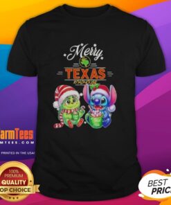 Alt Text: Premium Baby Grinch and Stitch T-Shirt from Texas Roadhouse, perfect for a Merry Christmas celebration.