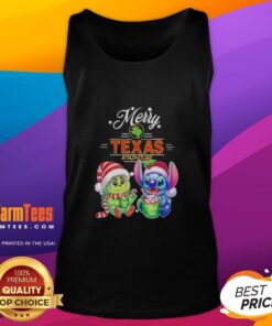 Premium Baby Grinch and Stitch x Texas Roadhouse Merry Christmas tank top for festive holiday fashion.