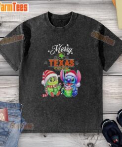 Premium Baby Grinch and Stitch X Texas Roadhouse Merry Christmas washed t-shirt featuring festive designs.
